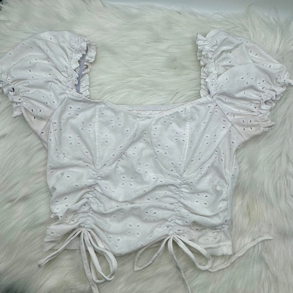 Puff Sleeve Frill Detail Faux Drawstring Ruched Top - Picture 4 of 5